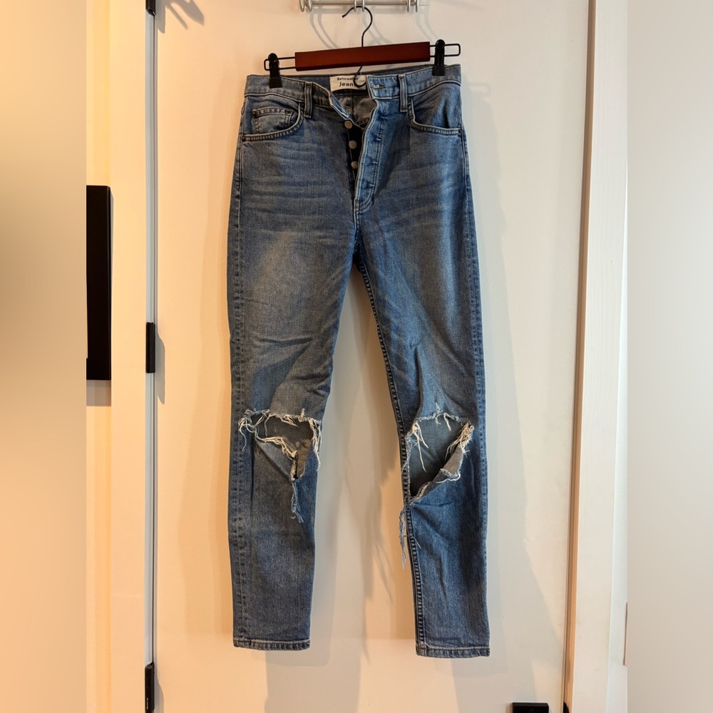 Reformation Blue Skinny Jeans with Distressed Details